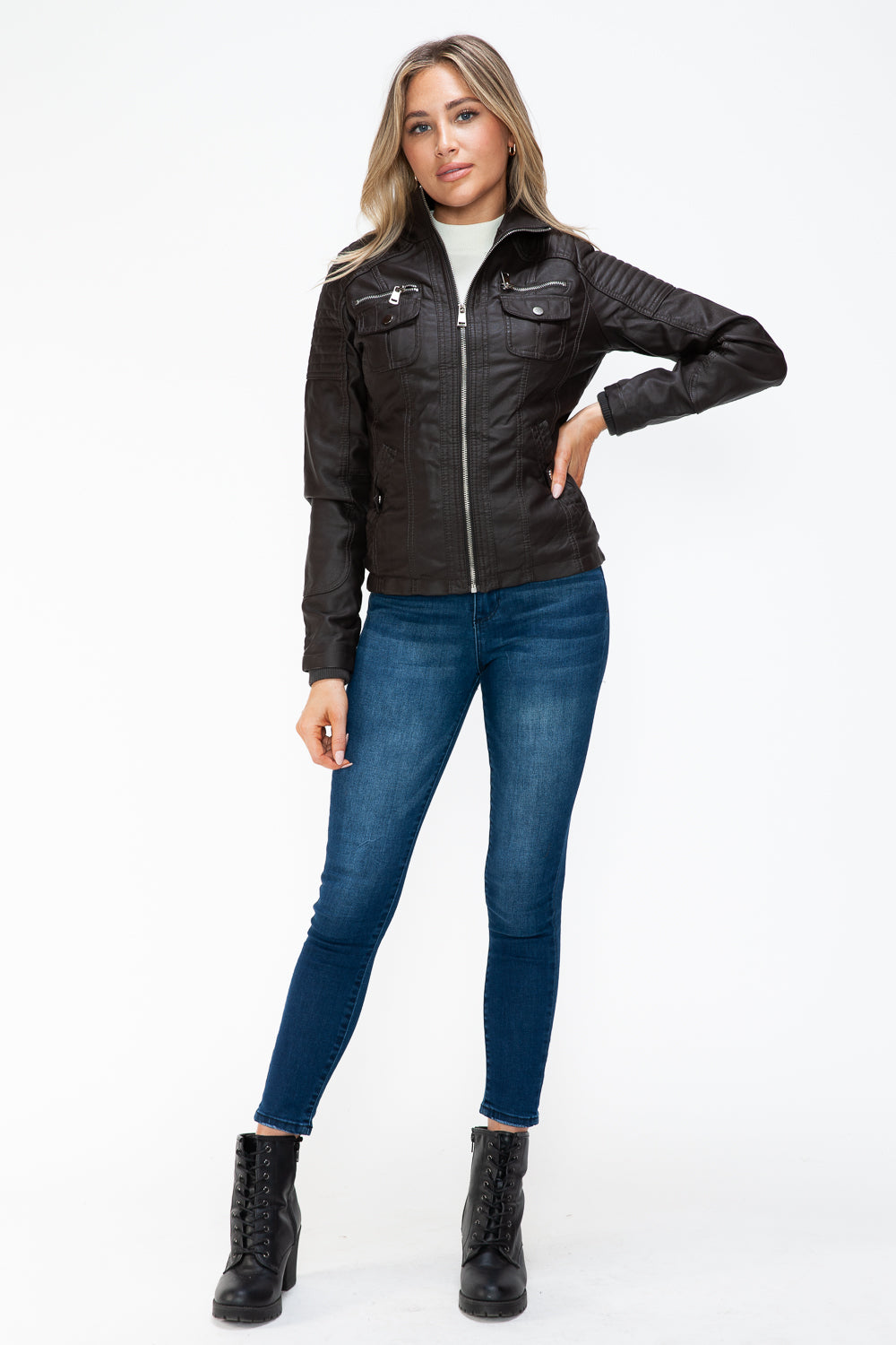 YMI Removable Faux Layered Multi-Pocket Faux Leather Jacket with Fuzzy Hood