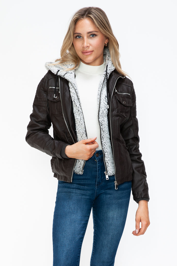 YMI Removable Faux Layered Multi-Pocket Faux Leather Jacket with Fuzzy Hood