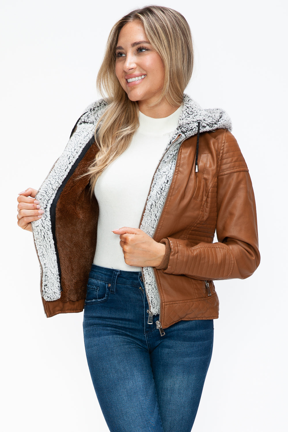 YMI Faux Layered Double-Zipper Faux Leather Jacket with Fuzzy Hood