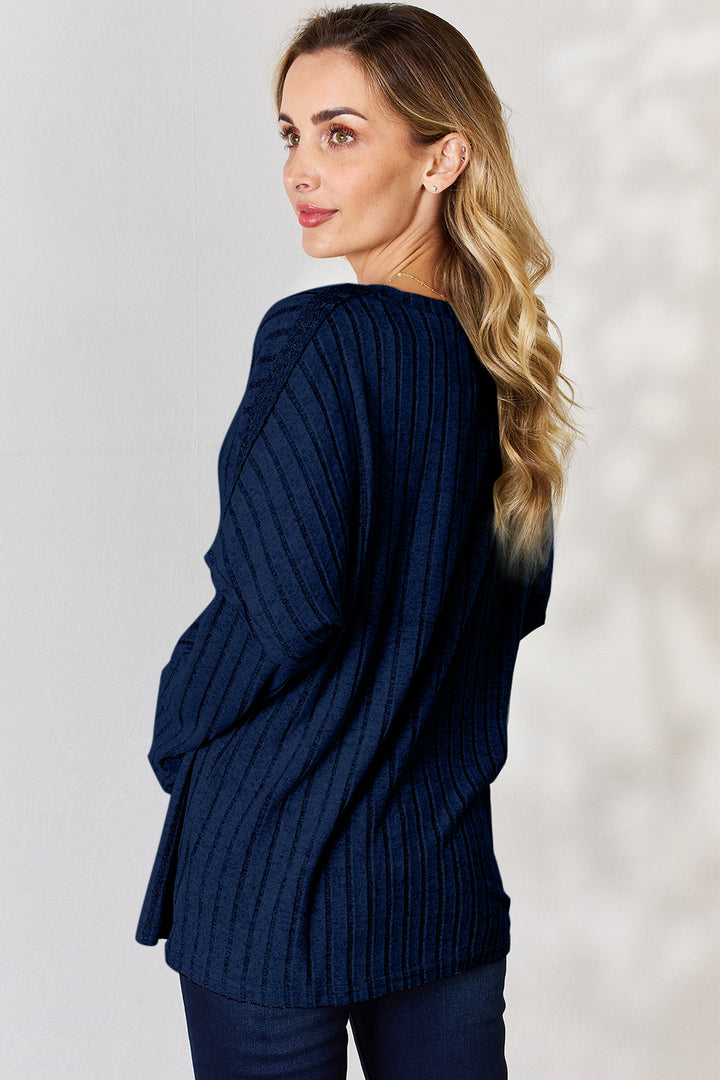 Basic Bae Ribbed Half Button Long Sleeve T-Shirt