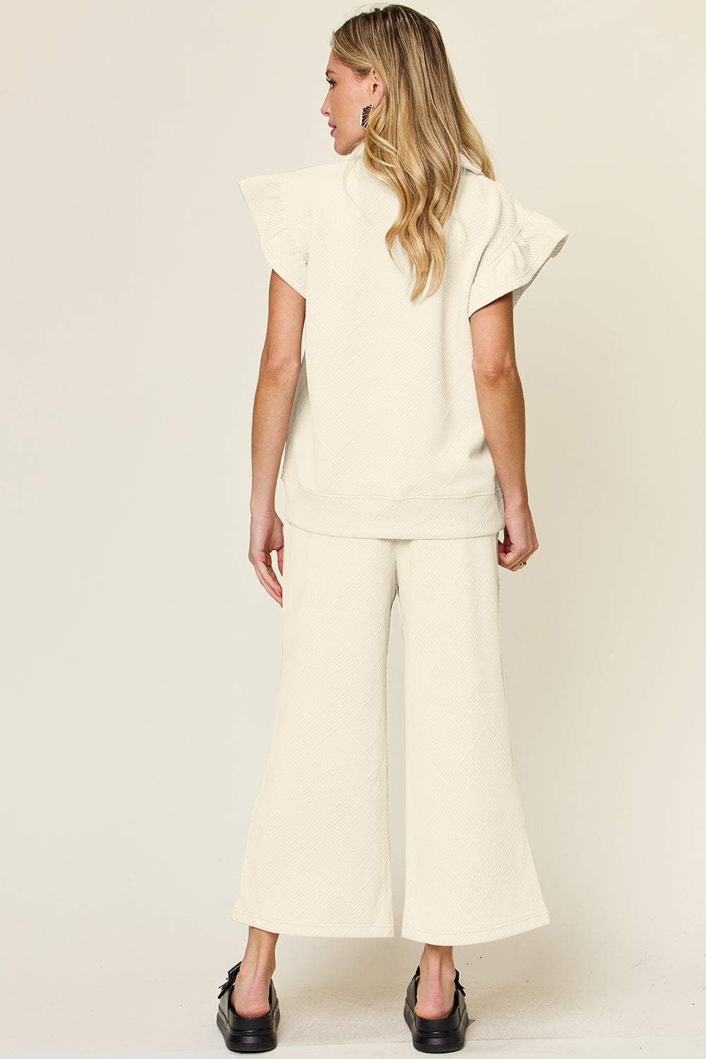 Double Take Texture Ruffle Sleeve Top and Drawstring Wide Leg Pants Set