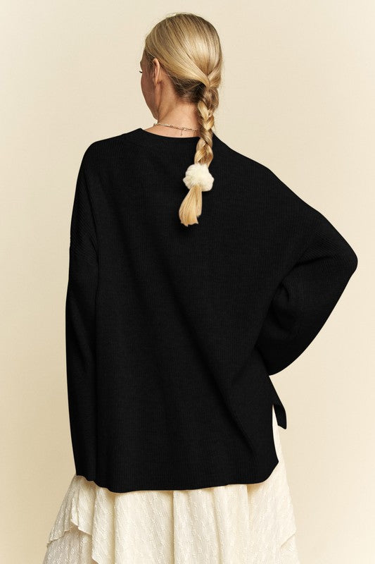 Davi & Dani High-Low Round Neck Drop Shoulder Sweater