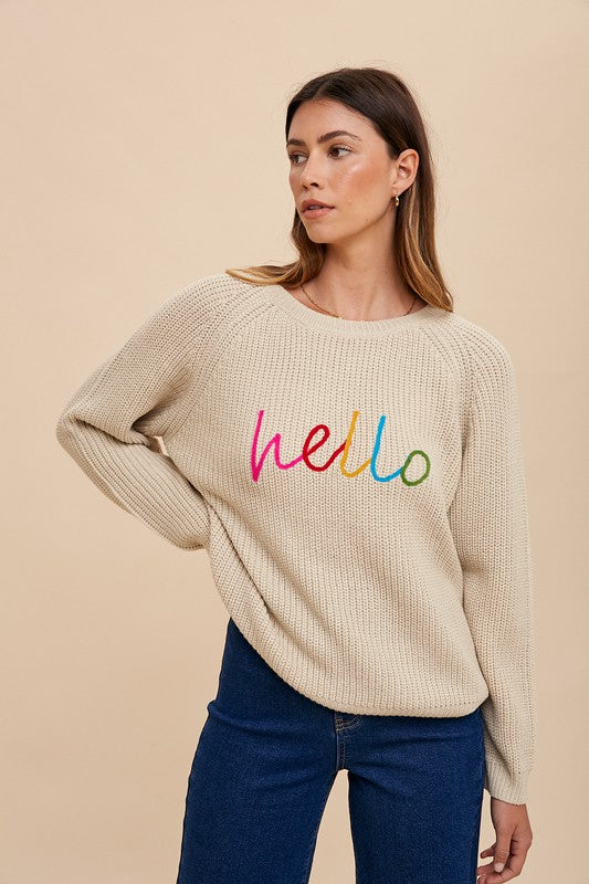 Annie Wear HELLO Embroidered Raglan Sleeve Sweater