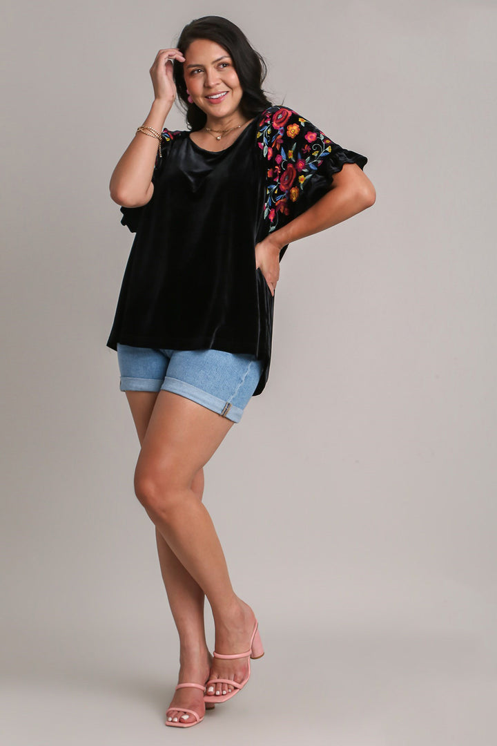 Umgee Velvet Embroidery Short Sleeve Blouse