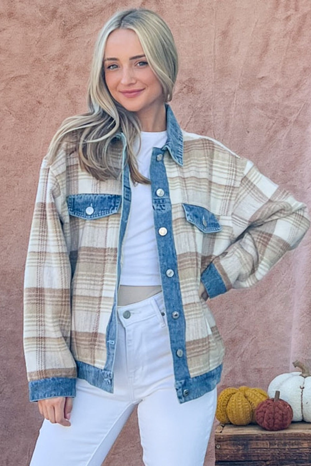 And The Why Washed Denim Detail Brushed Plaid Jacket