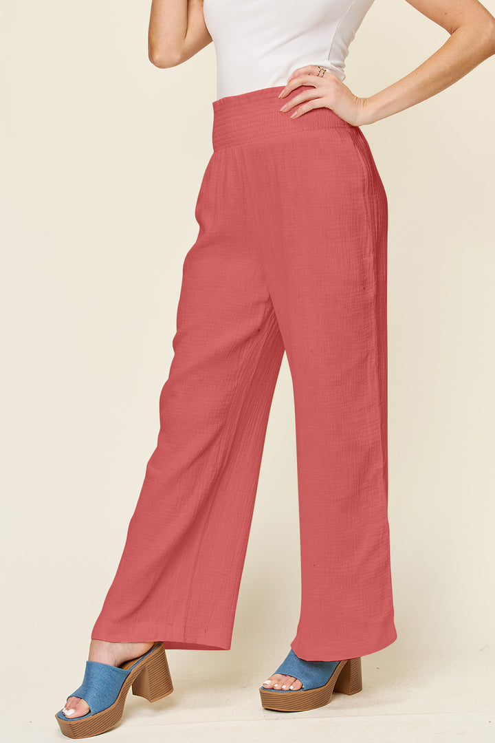 Double Take Texture Smocked Waist Wide Leg Pants