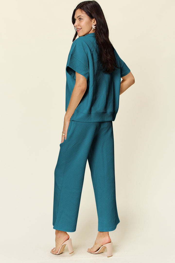 Double Take Texture Half Zip Short Sleeve Top and Pants Set