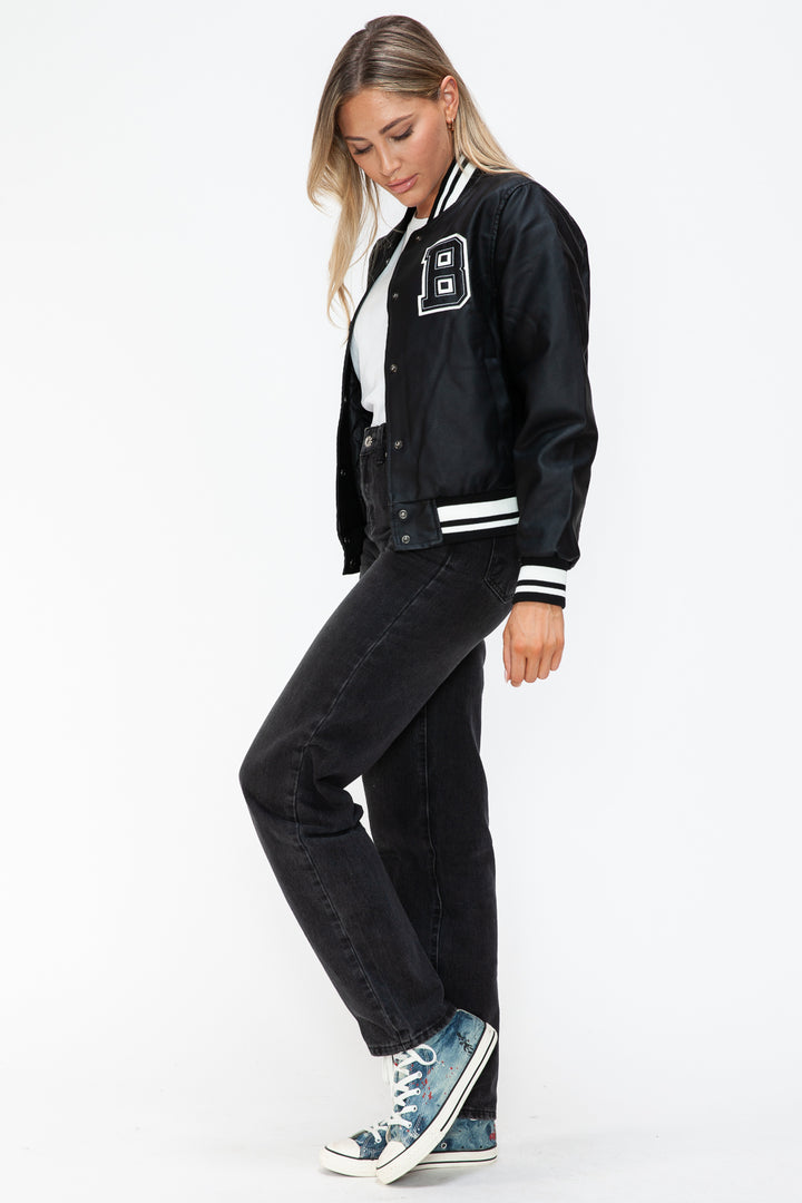 Love Me Now PU Leather Contrast Snap Down Bomber Jacket - Boho Soho