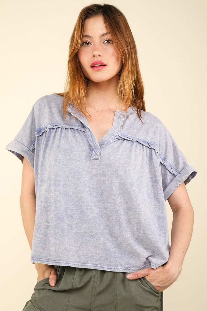 VERY J Notched Short Sleeve Washed T-Shirt