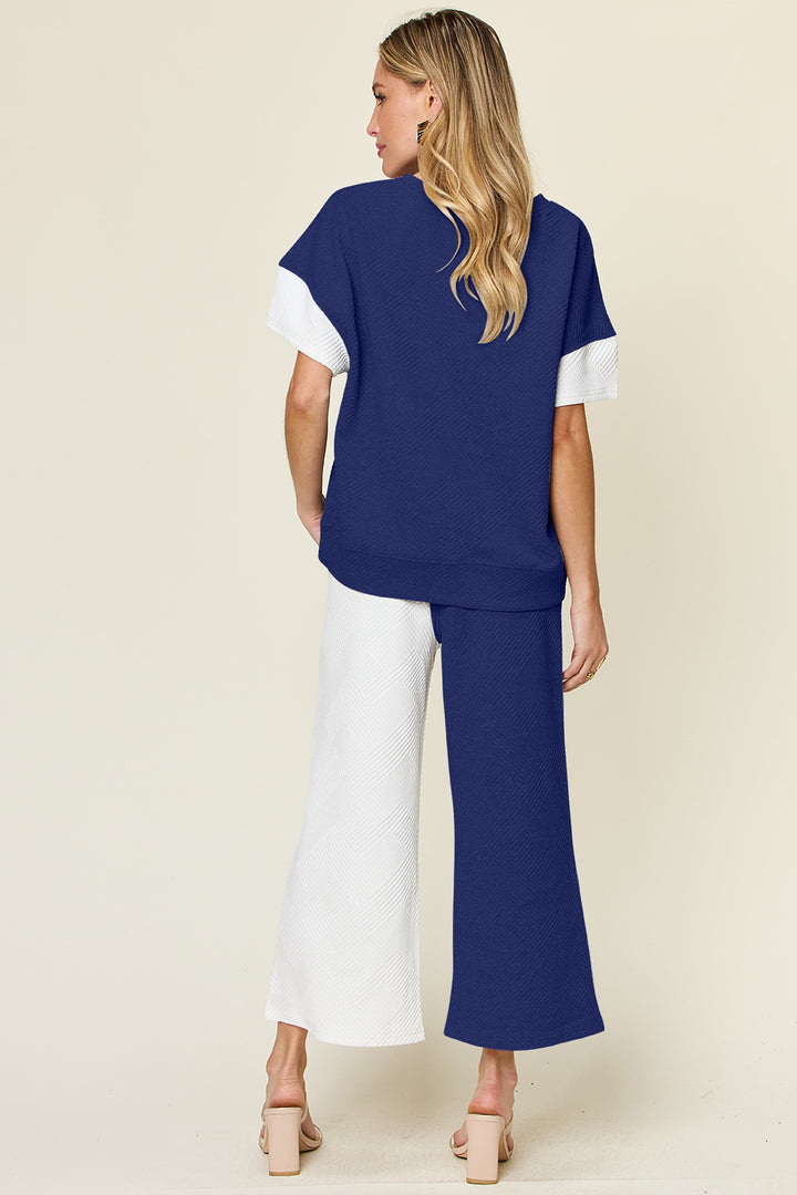 Double Take Texture Contrast T-Shirt and Wide Leg Pants Set