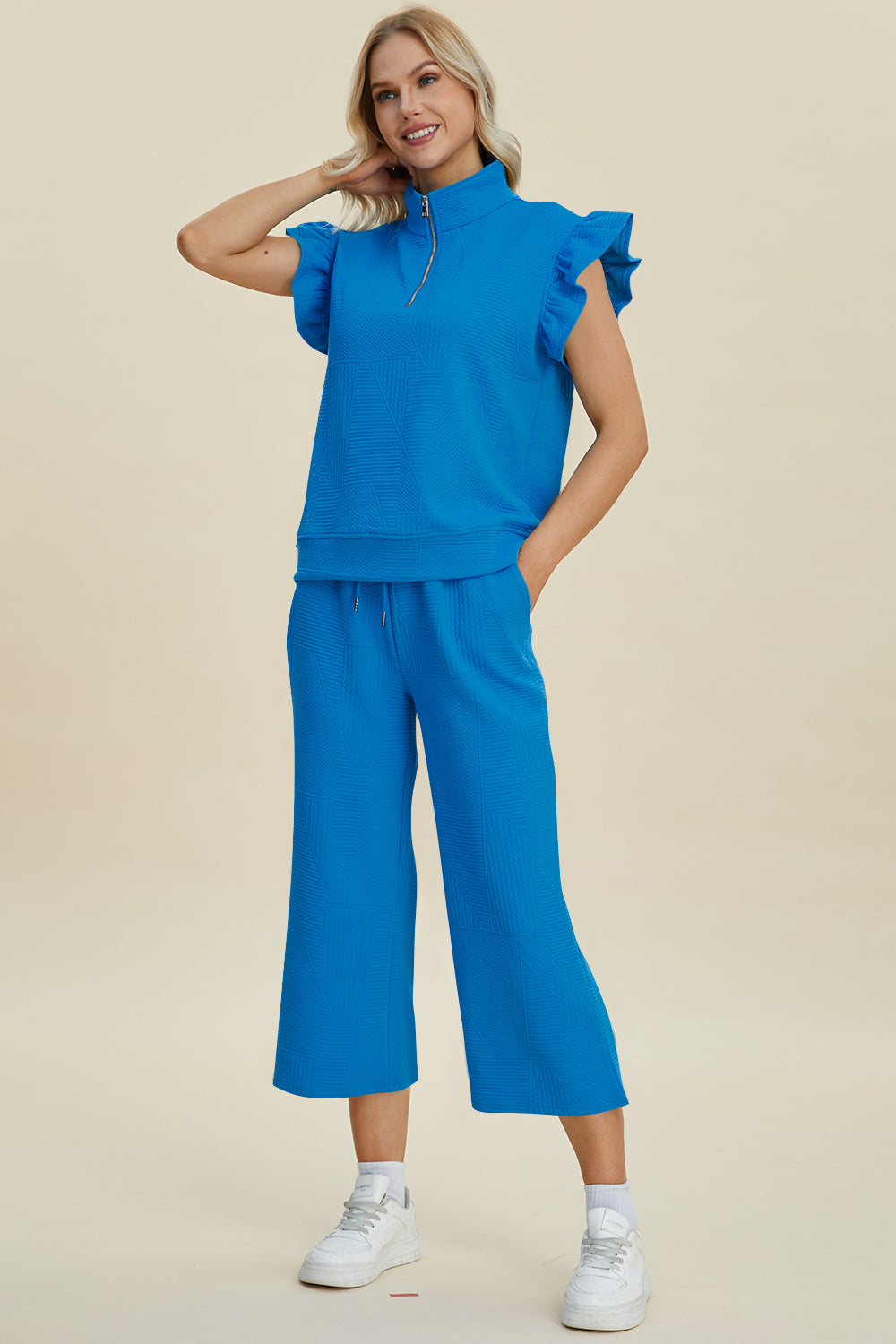 Double Take Full Size Texture Ruffle Short Sleeve Top and Wide Leg Pants Set - Boho Soho