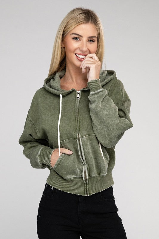 Zenana Acid Wash Fleece Cropped Zip-Up Hoodie - Boho Soho