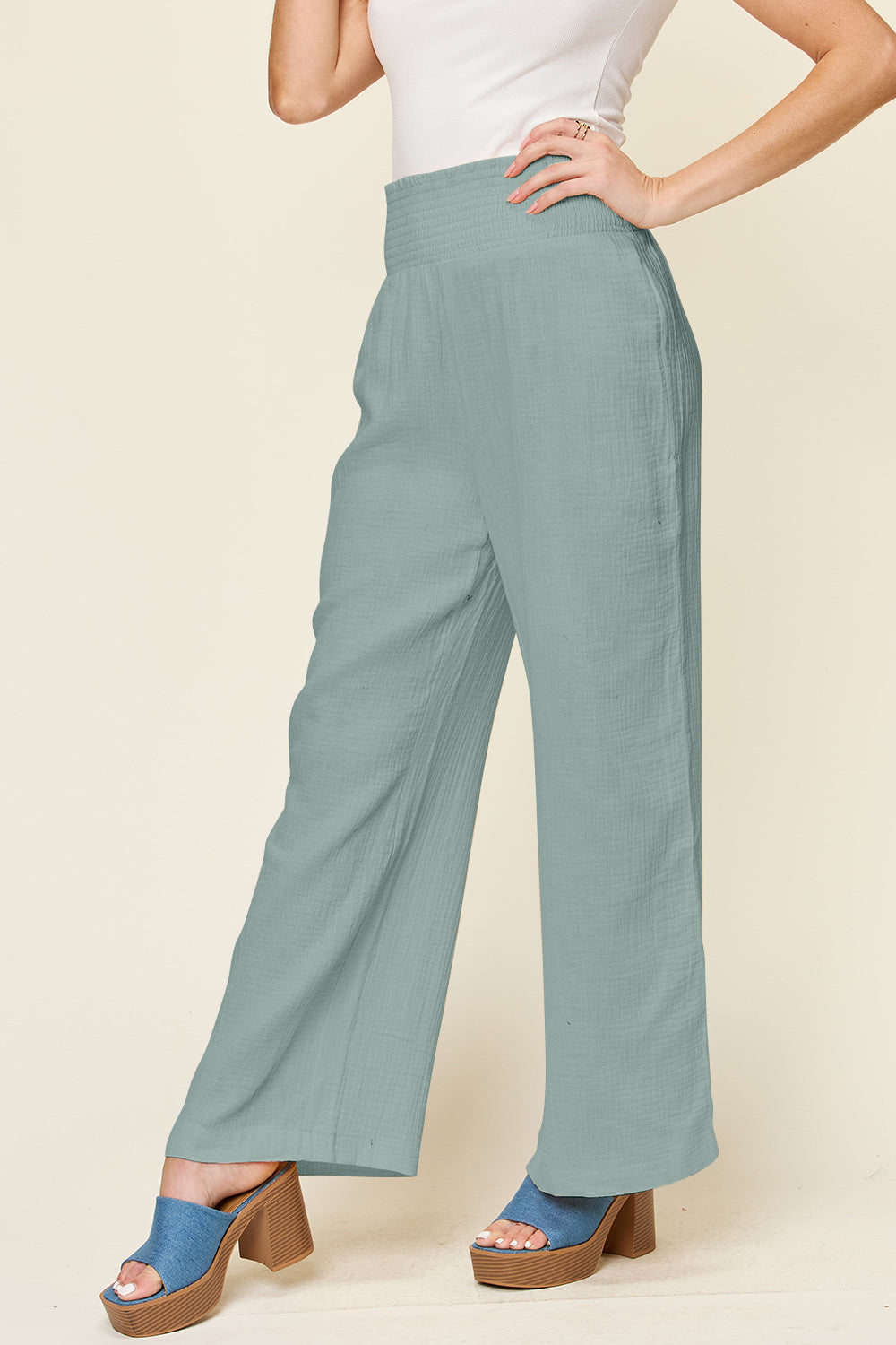 Double Take Texture Smocked Waist Wide Leg Pants