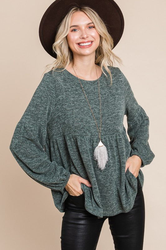 SL Heathered Round Neck Babydoll Top