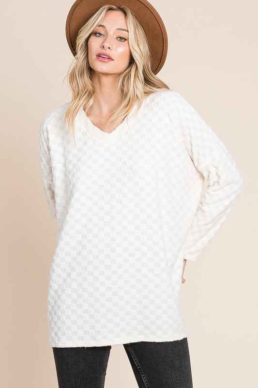 BOMBOM Checkered Long Sleeve V-Neck T-Shirt - Boho Soho