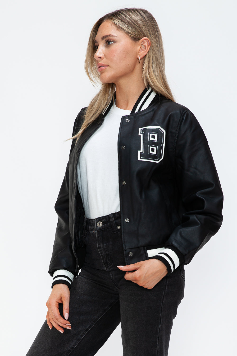 Love Me Now PU Leather Contrast Snap Down Bomber Jacket - Boho Soho