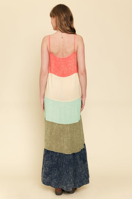 Mineral Wash Tiered Colorblock Maxi Dress