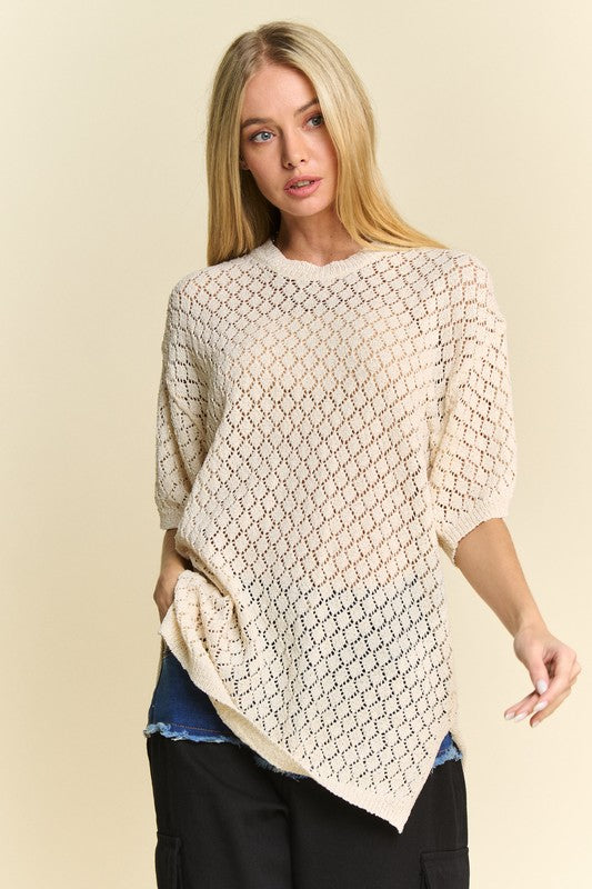 Davi & Dani Side Slit Openwork Round Neck Half Sleeve Knit Top