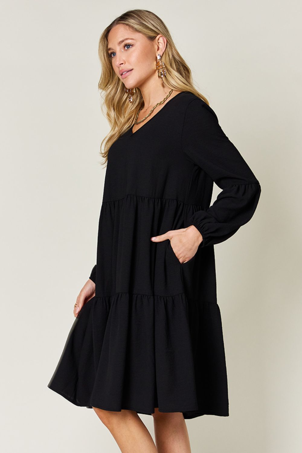 Double Take V-Neck Balloon Sleeve Tiered Dress with Pockets