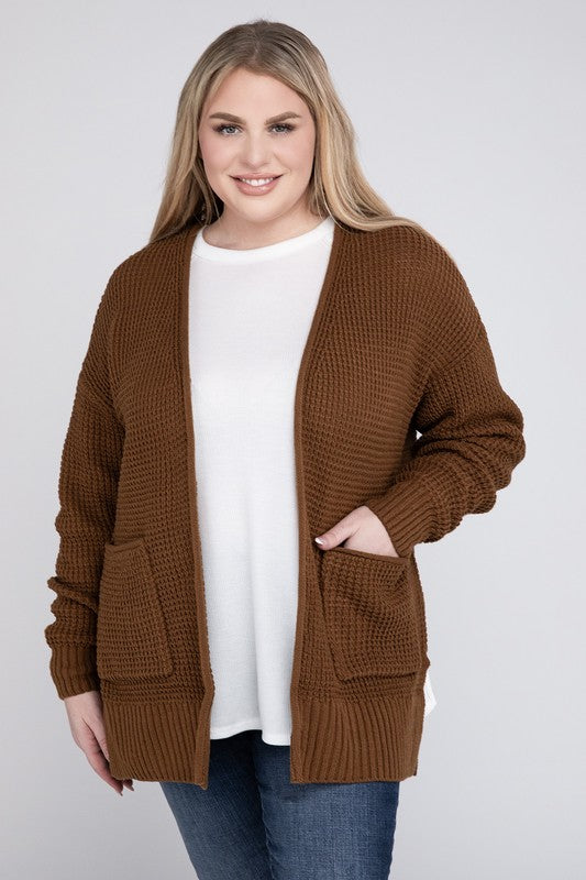 Zenana Plus Low Gauge Waffle Open Cardigan Sweater