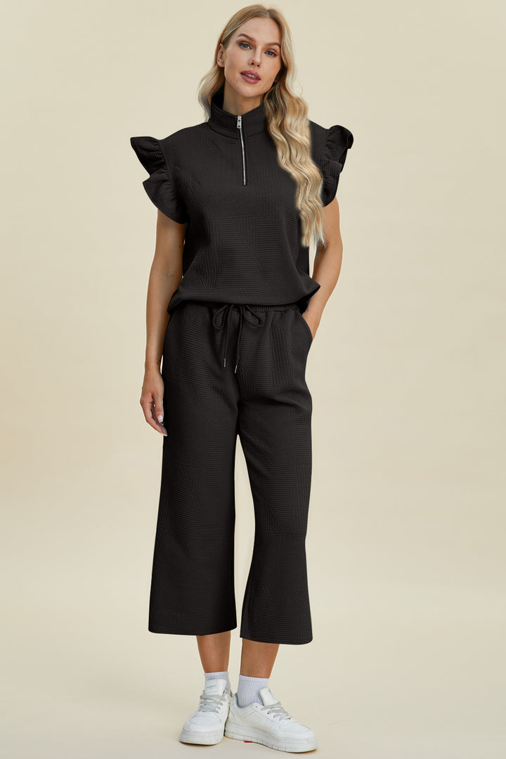 Double Take Full Size Texture Ruffle Short Sleeve Top and Wide Leg Pants Set - Boho Soho