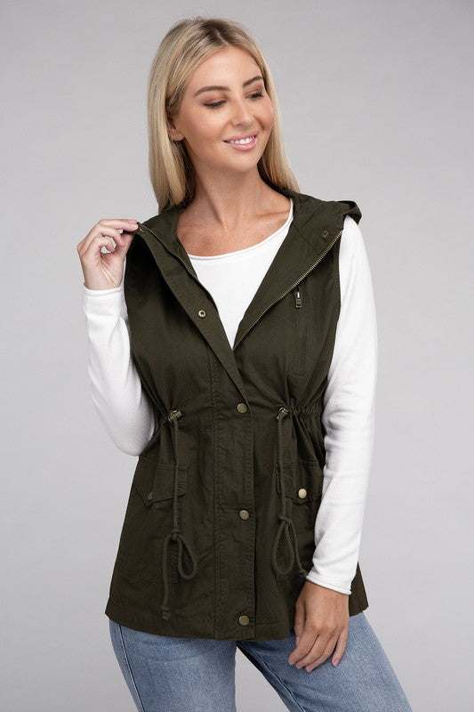 Zenana Drawstring Waist Military Hoodie Vest