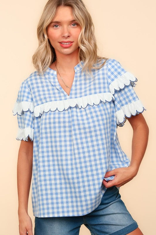 Haptics Plaid Scallop Hem Notched Short Sleeve Blouse