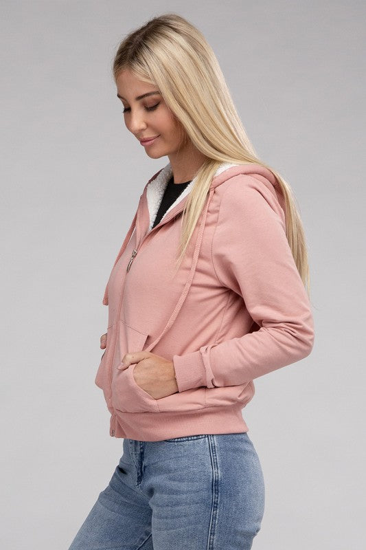 Ambiance Fuzzy Trim Zip-Up Crop Hoodie