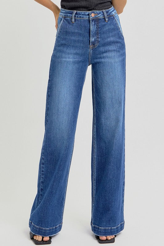 RISEN High Rise Wide Leg Jeans with Slanted Pockets