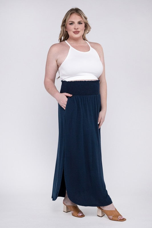 Zenana Plus Smocked Waist Side Slit Maxi Skirt w/ Pockets