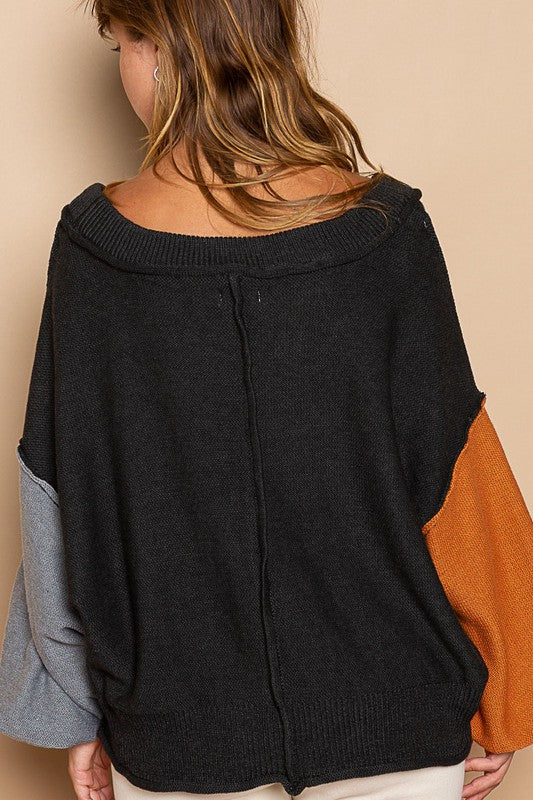 POL Exposed Seam Roll Edge Color Block V Neck Sweater