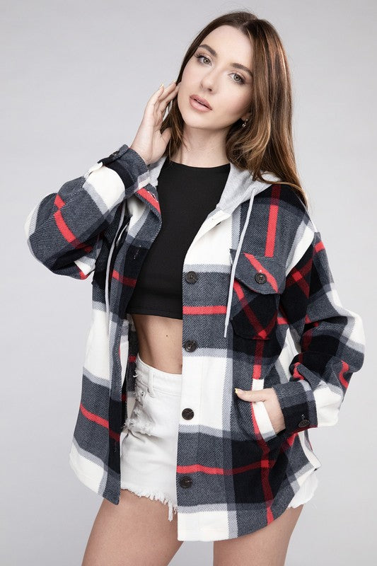 Zenana Plaid Drawstring Hooded Fleece Shacket