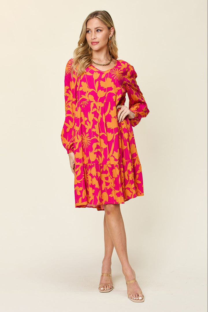 Double Take Full Size Printed Ruffle Hem Dress with Pockets