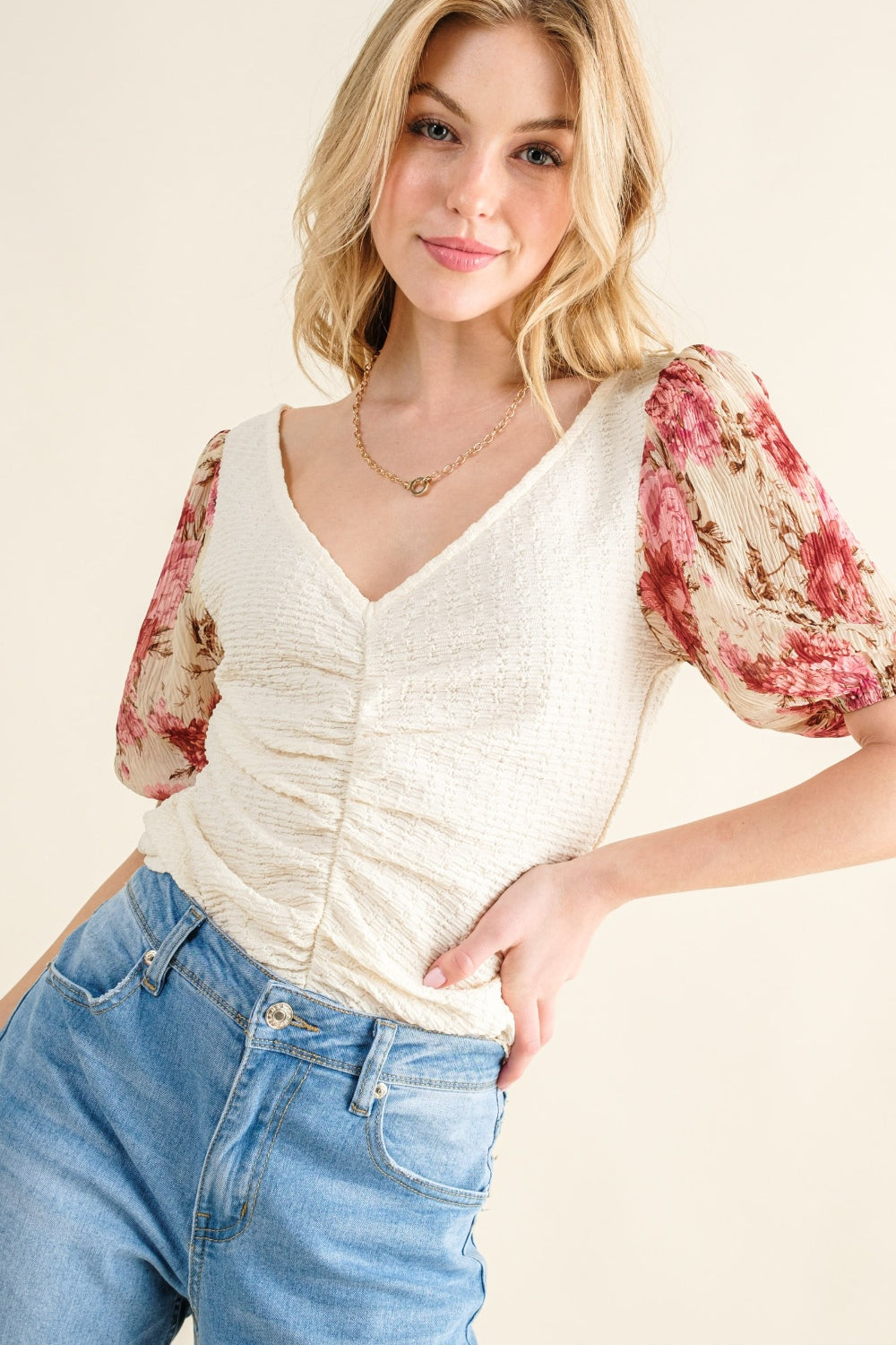 And The Why Floral Print Textured Sleeve Knit Top