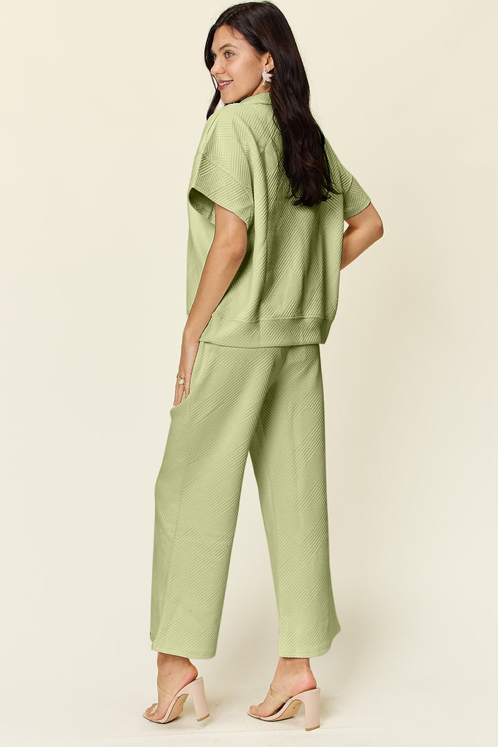 Double Take Texture Half Zip Short Sleeve Top and Pants Set