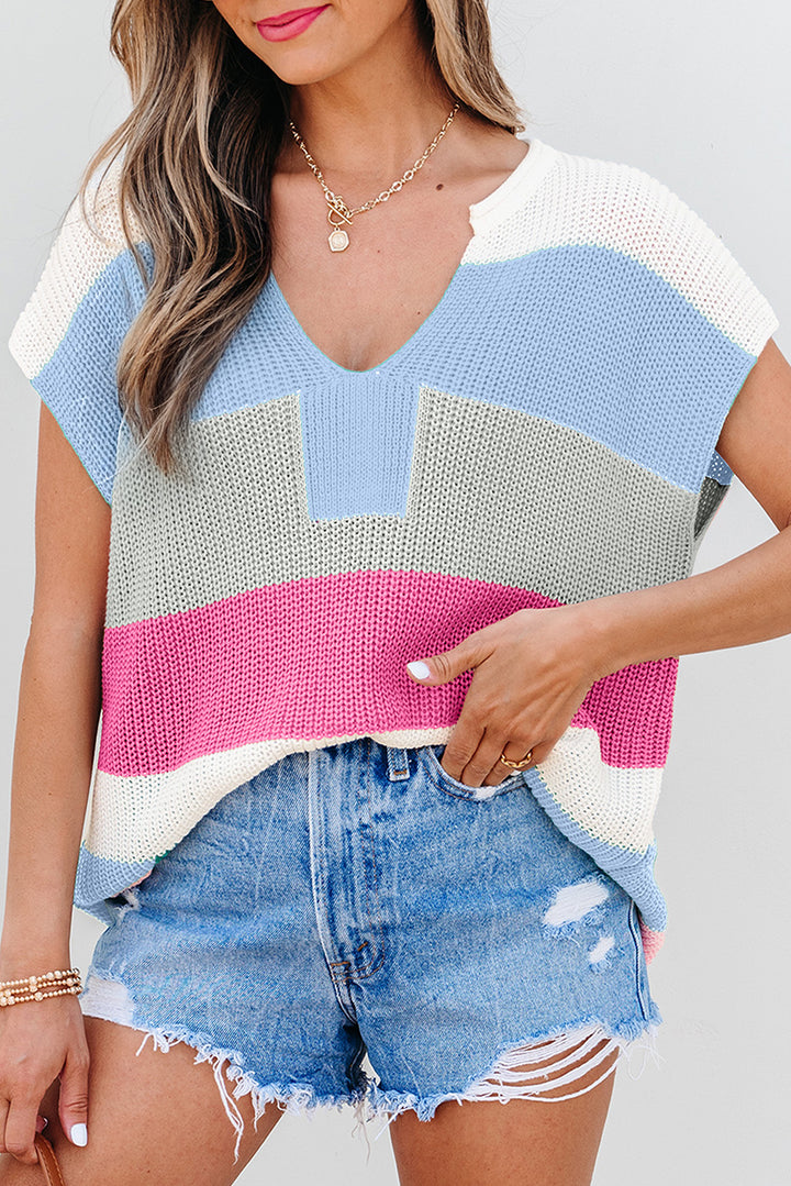 Light Blue Color Block Notch V Neck Sweater T Shirt