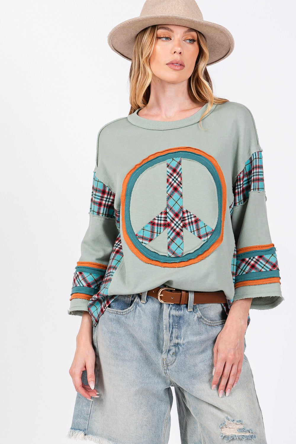 SAGE + FIG Peace Applique Patch Contrast Plaid Top - Boho Soho