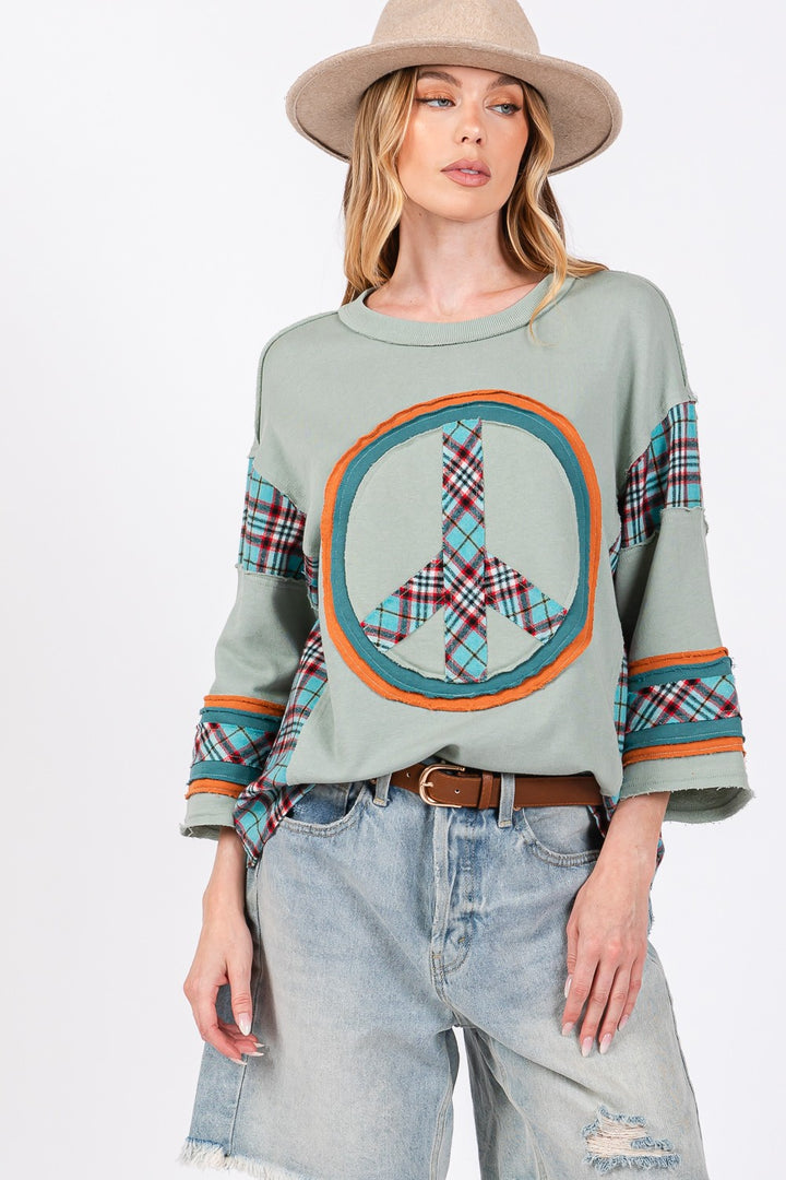 SAGE + FIG Peace Applique Patch Contrast Plaid Top - Boho Soho