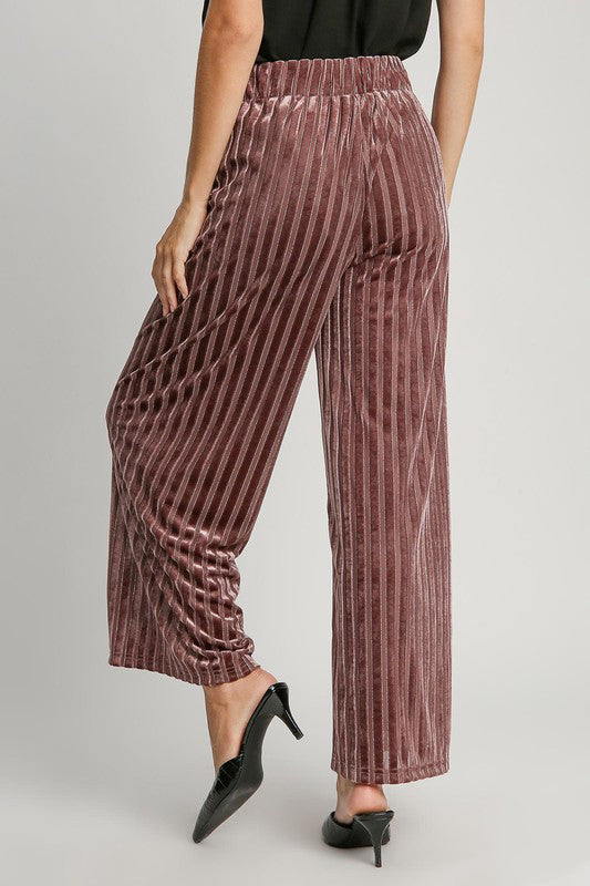 Umgee Elastic Waist Striped Wide Leg Velvet Pants