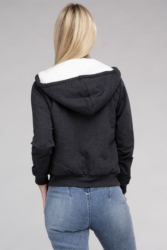 Ambiance Fuzzy Trim Zip-Up Crop Hoodie