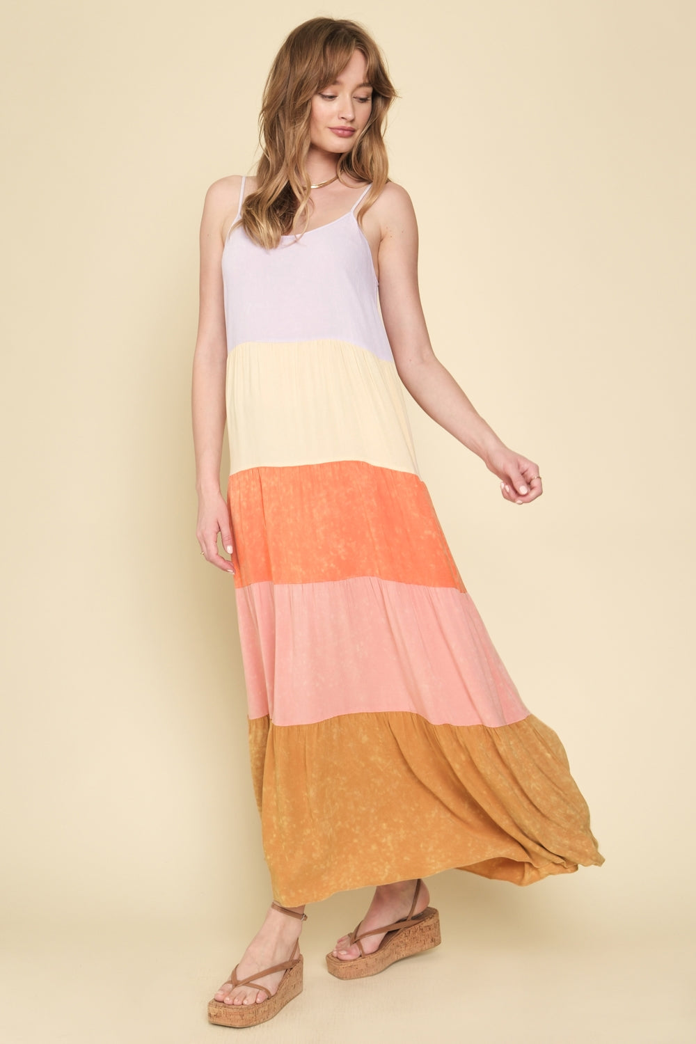 Mineral Wash Tiered Colorblock Maxi Dress