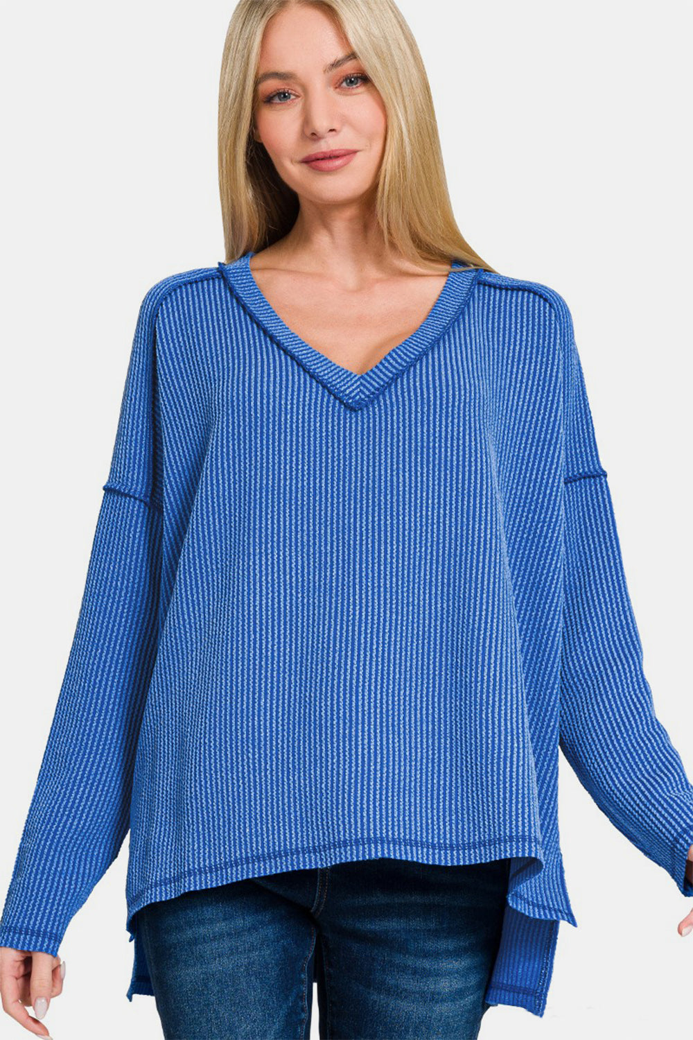 Zenana Texture Exposed Seam V-Neck Long Sleeve Top