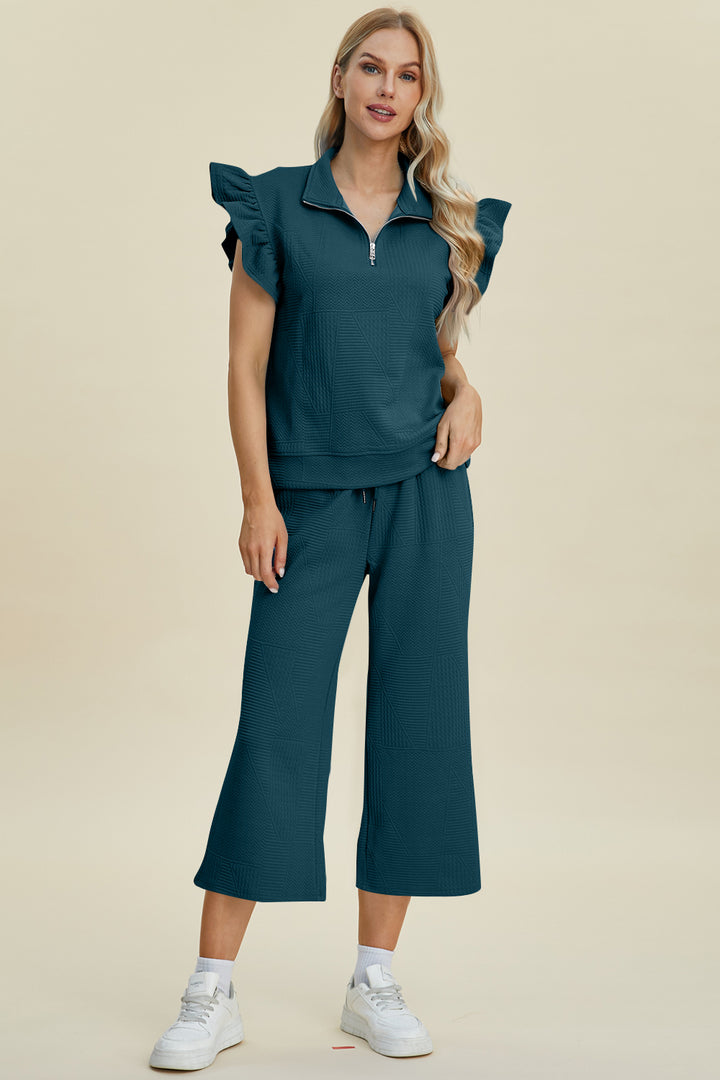 Double Take Full Size Texture Ruffle Short Sleeve Top and Wide Leg Pants Set - Boho Soho