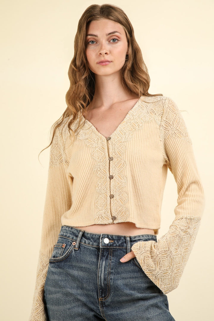 VERY J V-Neck Lace Detail Button Down Crop Ribbed Knit Top