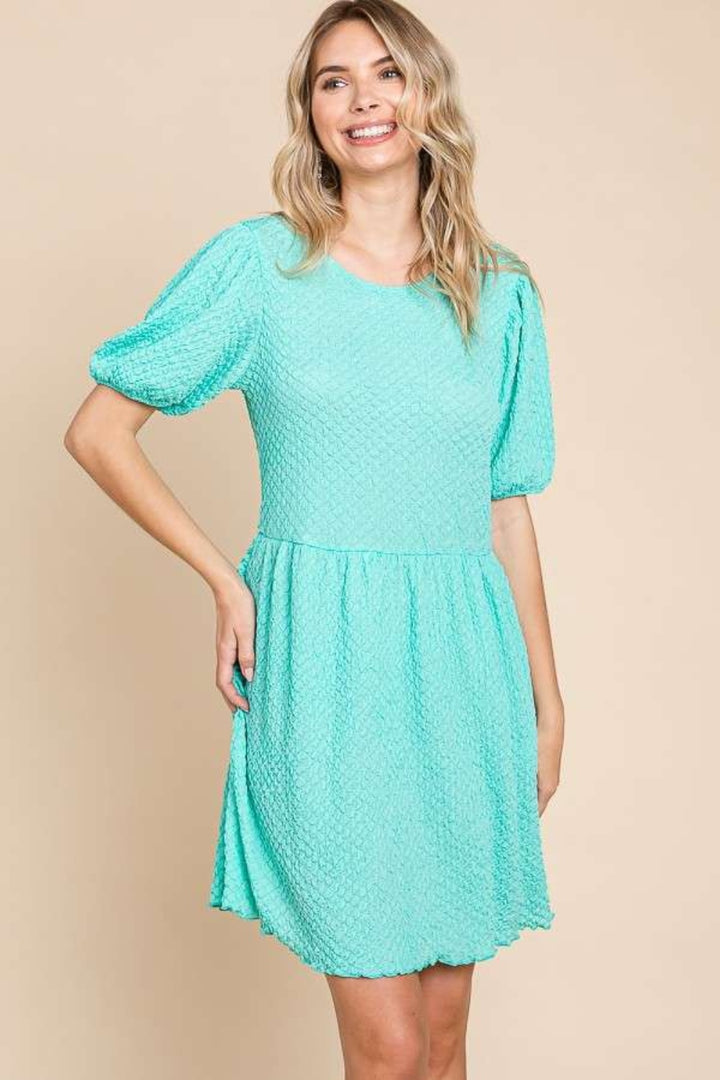 Culture Code Textured Round Neck Puff Sleeve Dress