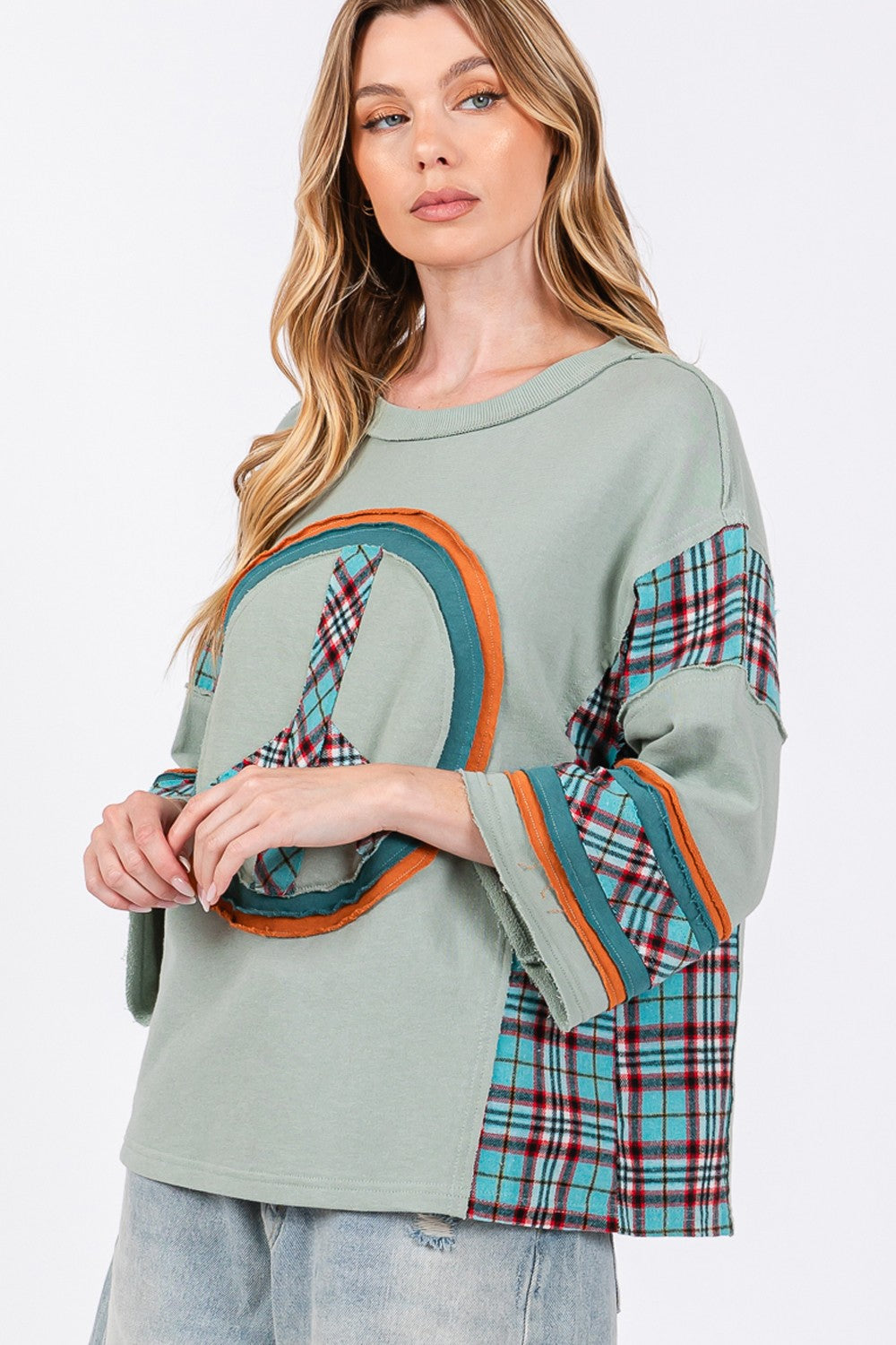 SAGE + FIG Peace Applique Patch Contrast Plaid Top - Boho Soho