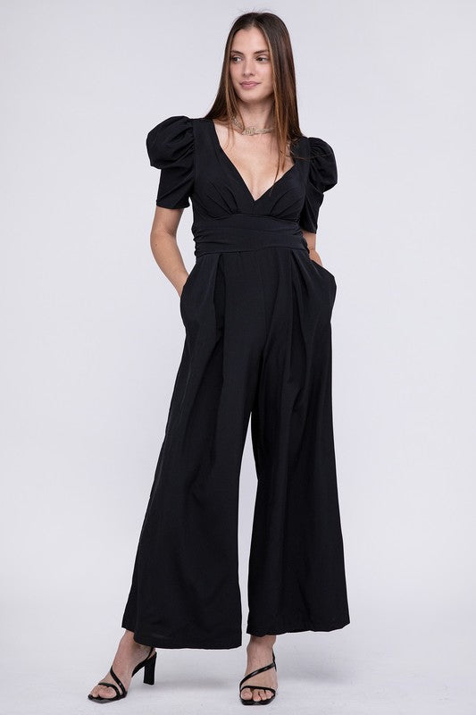 V Neck Puff Sleeve Cutout Jumpsuit