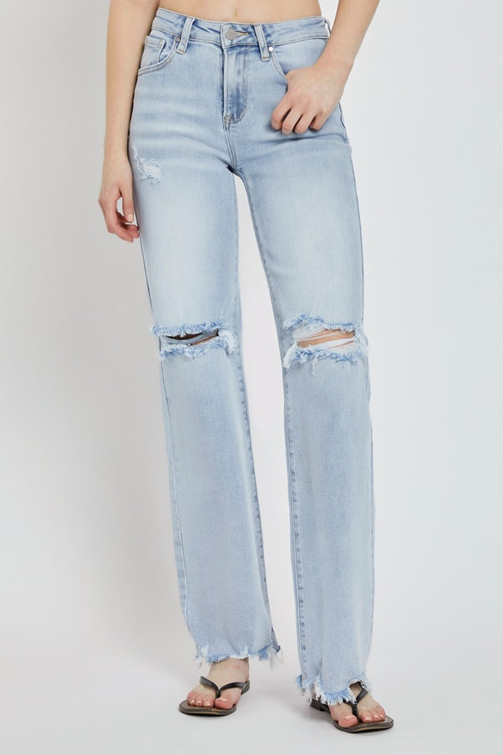 Risen High Rise Distressed Wide Leg Jeans