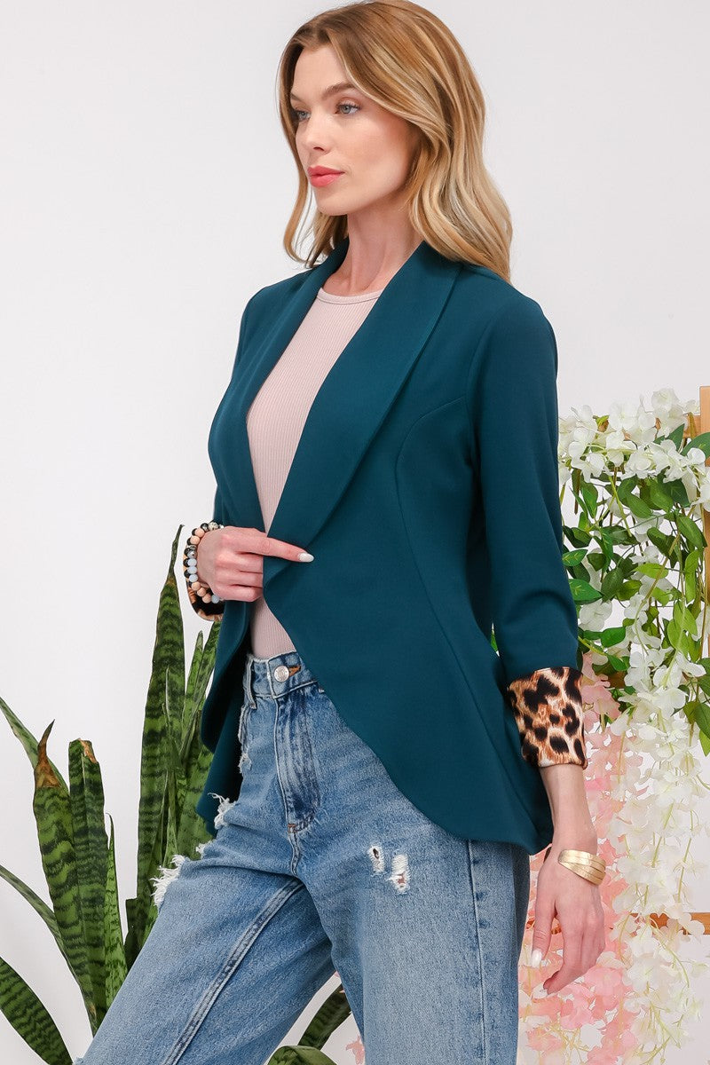 Celeste Rolled Leopard Cuff Open Front Blazer