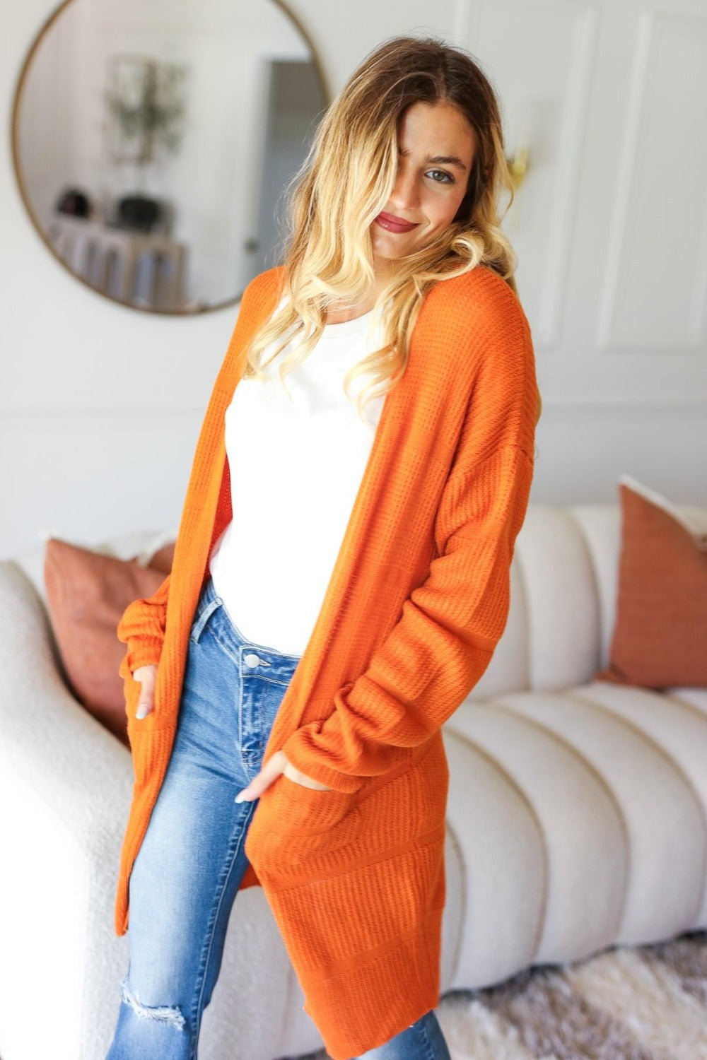 Haptics Pumpkin Spice Textured Open Front Cardigan with Pockets